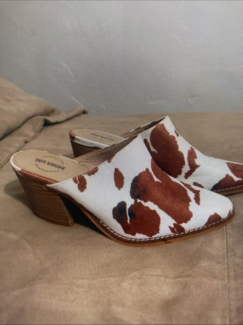 Cowhide Pattern Mule Heels in White & Brown by Andre Girl